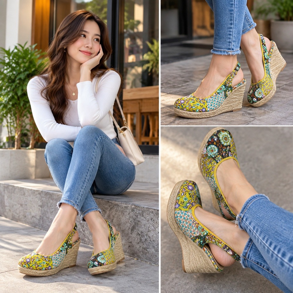 Xhilaration Patchwork Wedge Women 8 Blue Yellow Green Purple Floral Slingback